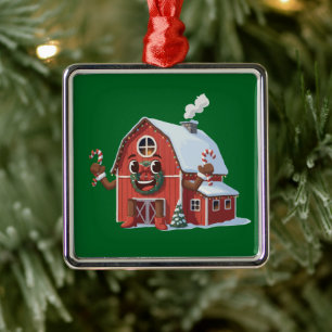Cute Cartoon Christmas Red Barn - Festive Farm  Metal Tree Decoration