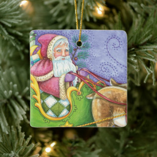 Cute Cartoon Christmas Santa Claus Sleigh Reindeer Ceramic Ornament