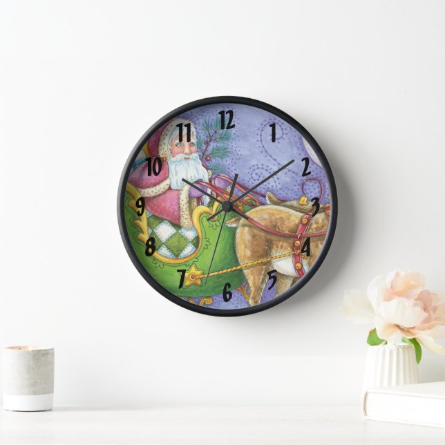 Cute Cartoon Christmas Santa Claus Sleigh Reindeer Clock (Home)