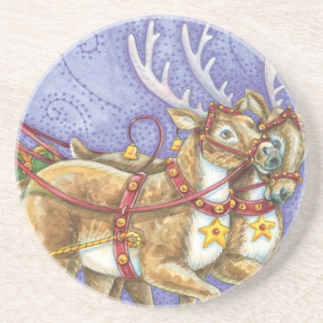 Cute Cartoon Christmas Santa Claus Sleigh Reindeer Coaster (Front)