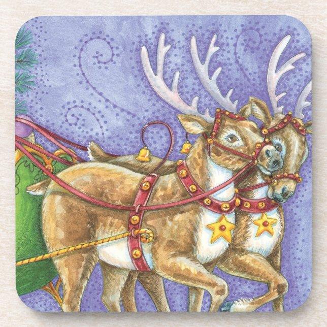 Cute Cartoon Christmas Santa Claus Sleigh Reindeer Coaster (Front)