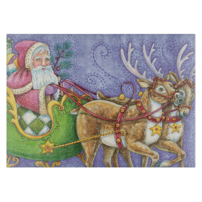 Cute Cartoon Christmas Santa Claus Sleigh Reindeer Cutting Board (Front)