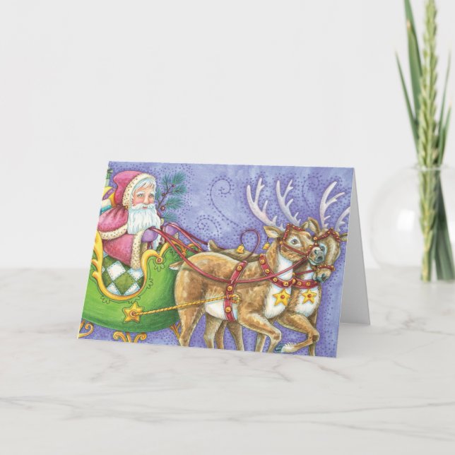 Cute Cartoon Christmas Santa Claus Sleigh Reindeer Holiday Card (Front)
