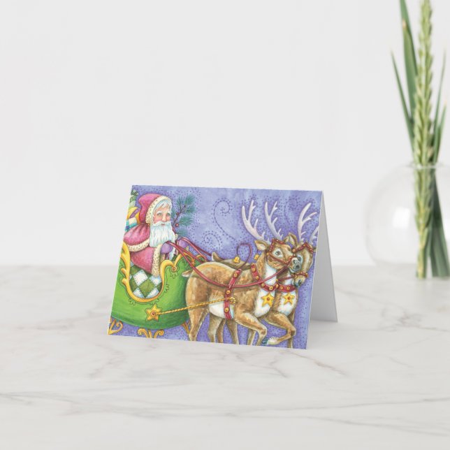 Cute Cartoon Christmas Santa Claus Sleigh Reindeer Holiday Card (Front)