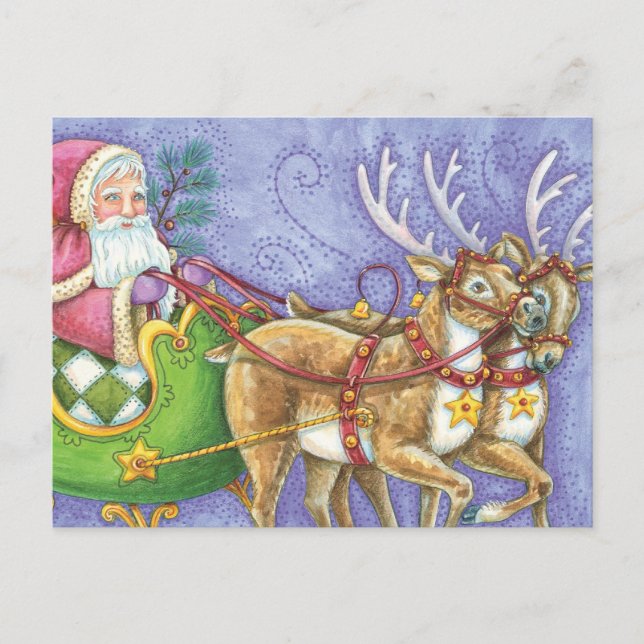 Cute Cartoon Christmas Santa Claus Sleigh Reindeer Holiday Postcard (Front)