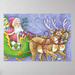 Cute Cartoon Christmas Santa Claus Sleigh Reindeer Poster