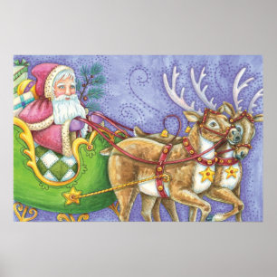 Cute Cartoon Christmas Santa Claus Sleigh Reindeer Poster