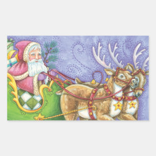Cute Cartoon Christmas Santa Claus Sleigh Reindeer Rectangular Sticker