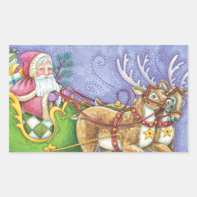 Cute Cartoon Christmas Santa Claus Sleigh Reindeer Rectangular Sticker (Front)
