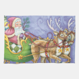 Cute Cartoon Christmas Santa Claus Sleigh Reindeer Tea Towel