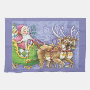 Cute Cartoon Christmas Santa Claus Sleigh Reindeer Tea Towel