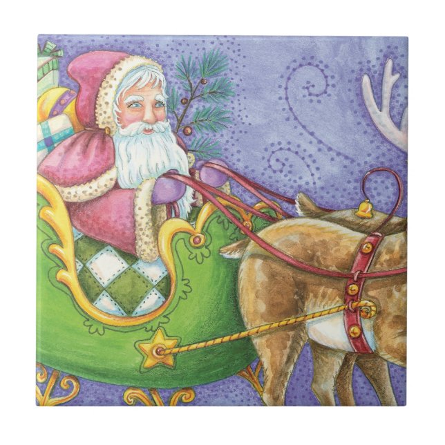 Cute Cartoon Christmas Santa Claus Sleigh Reindeer Tile (Front)