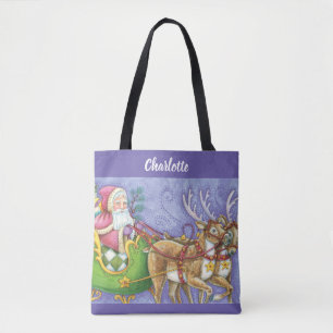 Cute Cartoon Christmas Santa Claus Sleigh Reindeer Tote Bag