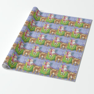 Cute Cartoon Christmas Santa Claus Sleigh Reindeer Wrapping Paper