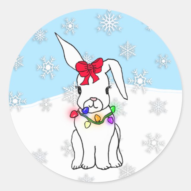Cute Cartoon Christmas Snow Bunny Classic Round Sticker (Front)