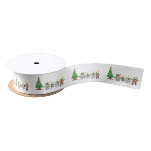 Cute Cartoon Christmas Tree and Dancing Presents Satin Ribbon