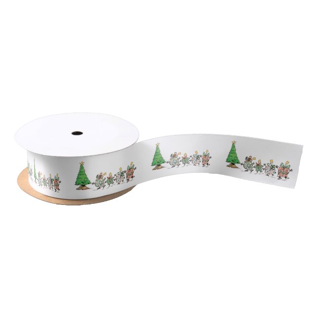Cute Cartoon Christmas Tree and Dancing Presents Satin Ribbon (Spool)