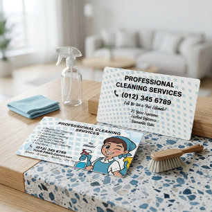 Cute Cartoon Cleaner Blue Diamond Cleaning Service Business Card