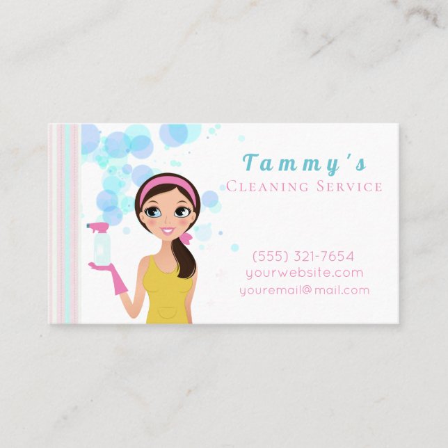 Cute Cartoon Cleaning Maid With Bubbles Business Card (Front)