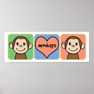 Cute Cartoon Clip Art Monkeys with Heart Love Poster