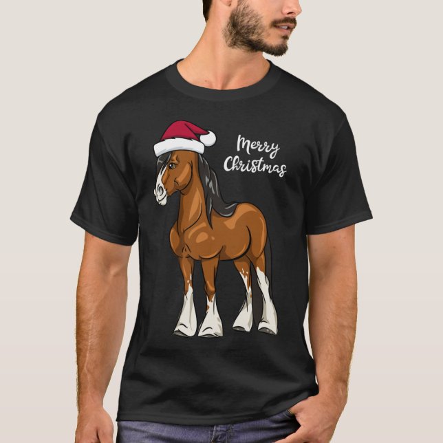 Cute Cartoon Clydesdale Draught Horse Christmas T-Shirt (Front)