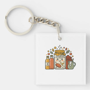 Cute Cartoon Cookie Jar & Hot Sauce Foodie T-Shirt Key Ring