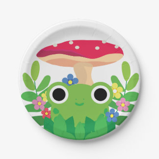 Cute Cartoon Cottagecore Frog with Mushroom Paper Plate