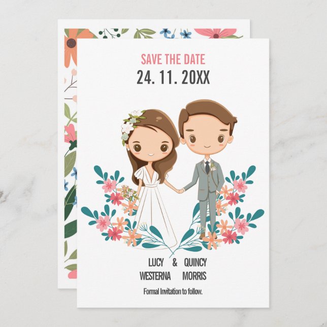 Cute Cartoon Couple floral Save the Date (Front/Back)
