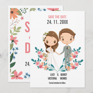 Cute Cartoon Couple floral Save the Date