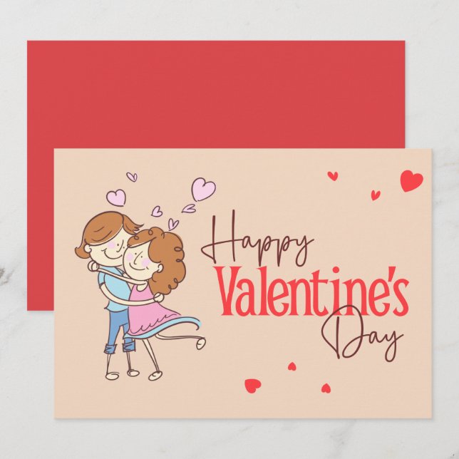 Cute Cartoon Couple Hugging Happy Valentine's Day  Holiday Card (Front/Back)