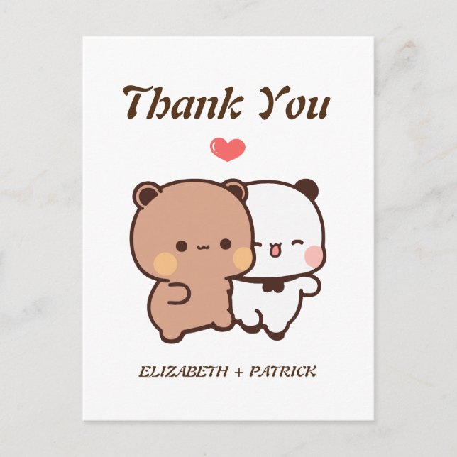 Cute cartoon couple, Kawaii Bear & Panda Thank You Postcard (Front)