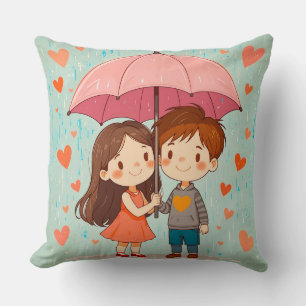 Cute Cartoon Couple Smiling Under Pink Umbrella Cushion