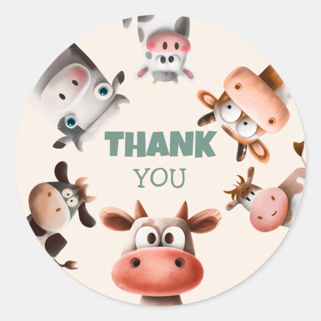 Cute Cartoon Cow Birthday Thank You Classic Round Sticker (Front)