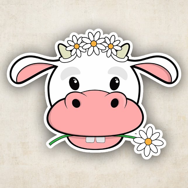 Cute Cartoon Cow Chewing a Daisy | Kawaii Sticker (Creator Uploaded)