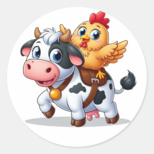 cute cartoon cow/chicken classic round sticker
