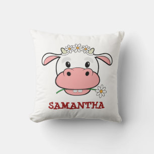 Cute Cartoon Cow   Custom Name Farm Animal Pillow