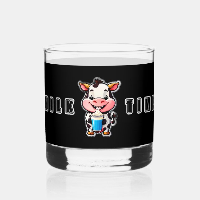 Cute Cartoon Cow Drinking Milk From Glass (Front)