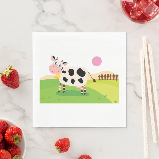 Cute Cartoon Cow in Sunny Farm Field Napkin (Creator Uploaded)