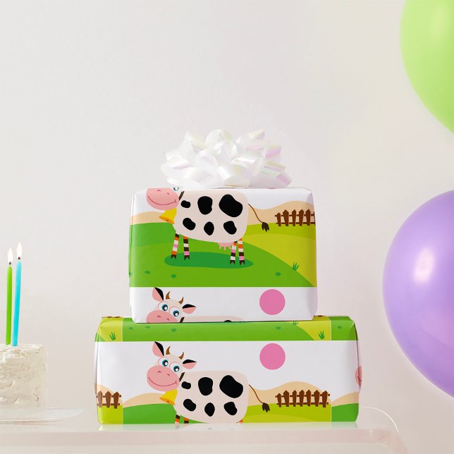 Cute Cartoon Cow in Sunny Farm Field Wrapping Paper (Creator Uploaded)
