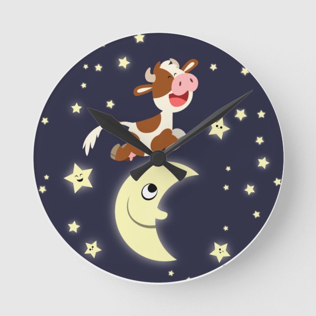 Cute Cartoon Cow Jumping Over The Moon Clock (Front)