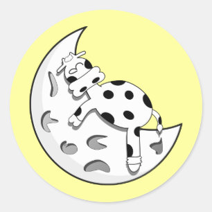 Cute Cartoon Cow Sleeping On The Moon Classic Round Sticker