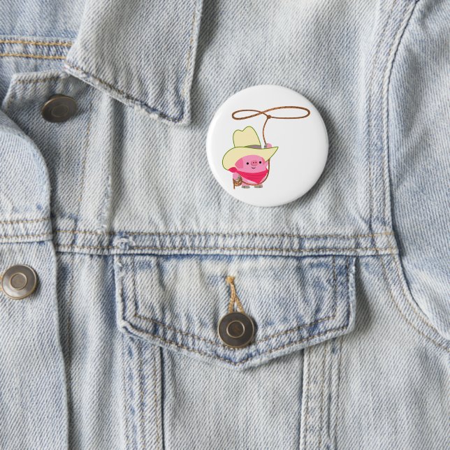 Cute Cartoon Cowboy Pig With Lariat Button Badge (In Situ)