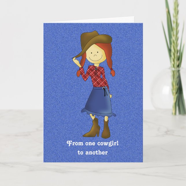Cute Cartoon Cowgirl on Denim Birthday Card (Front)