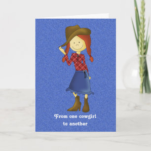 Cute Cartoon Cowgirl on Denim Birthday Card