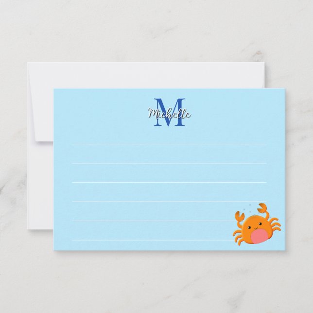 Cute Cartoon Crab Blue Ocean Lined Monogram Card (Front)