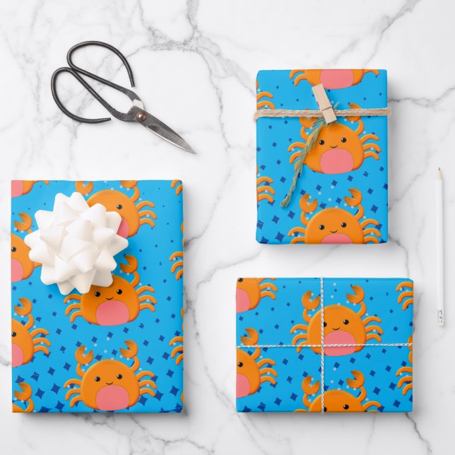 Cute Cartoon Crab Blue Ocean Wrapping Paper Sheet (Front)