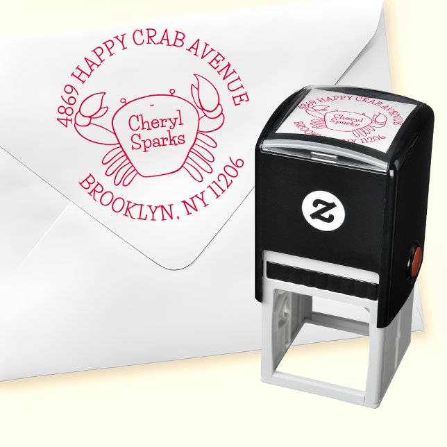 Cute Cartoon Crab Round Return Address Self-inking Stamp (Personalized Crab Stamp: Make Your Mailings Claw-some! 🦀)