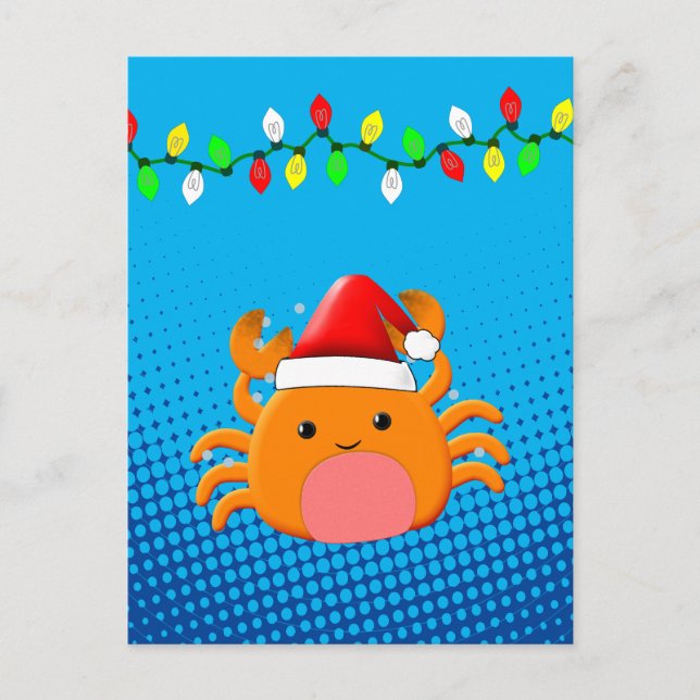 Cute Cartoon Crab Santa Hat Christmas Lights Postcard (Front)