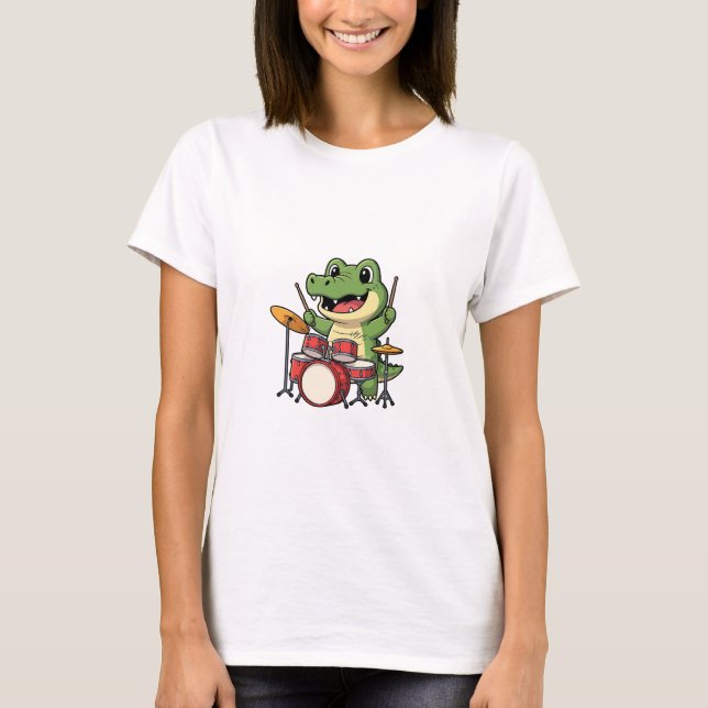 Cute Cartoon Crocodile Drummer Mascot T-Shirt (Front)