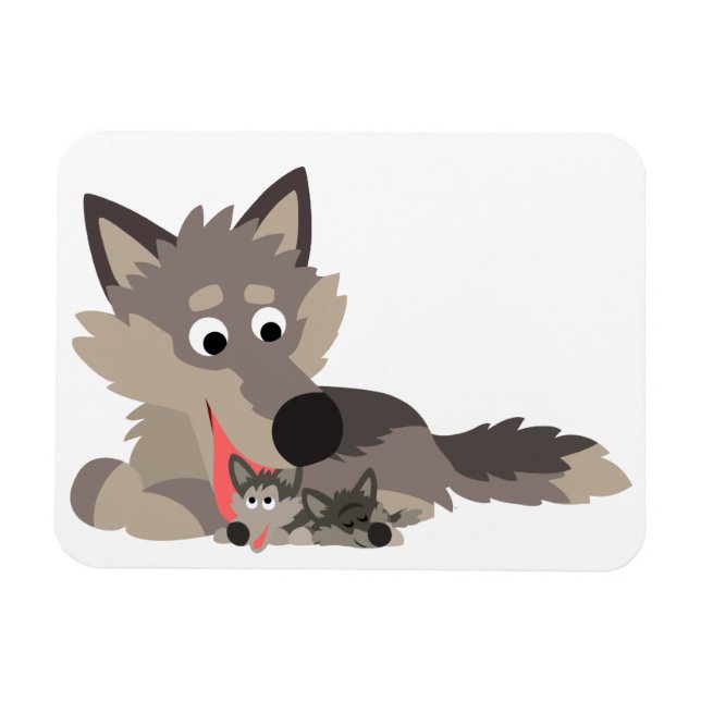 Cute Cartoon Dad Wolf and Pups Flexible Magnet (Horizontal)